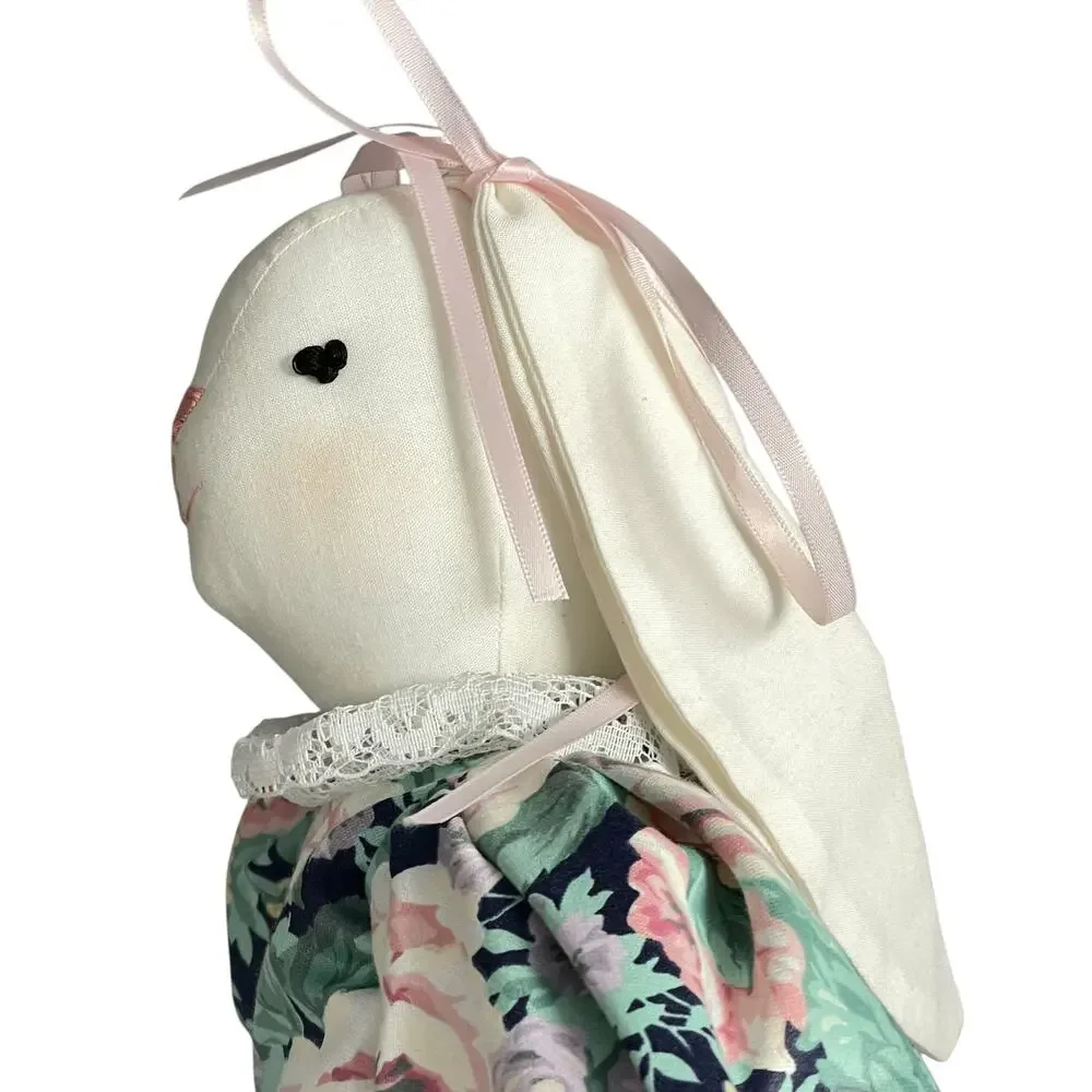 Vintage Cloth Bunny Rabbit Doll Primitive Country Calico Floral Dress 80's 90's